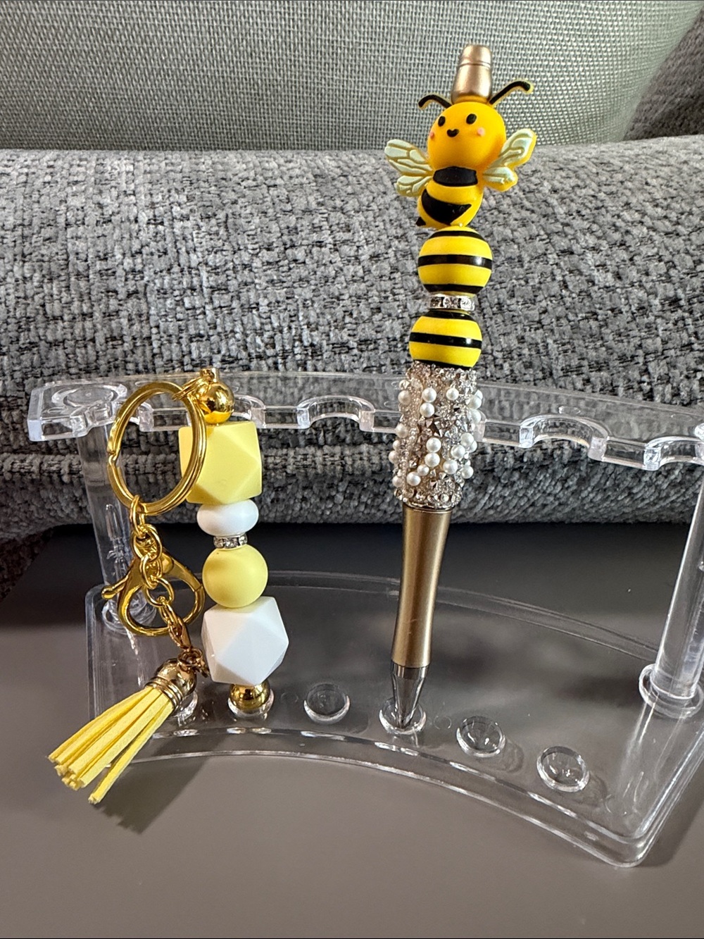 NWOT Bee Charm Ballpoint Pen with Yellow Bead Tassel Keychain